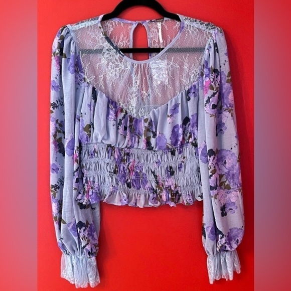 Nwot Free People Daphne Floral Print Lace Sheer Yoke Smocked Hem Blouse Size M - Picture 9 of 14